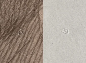 Torrstämpel av Adolphe Giraudon, A G, Recto och Verso, detalj från porträttet av Leonce Benedite, 1899 (se även 414597)